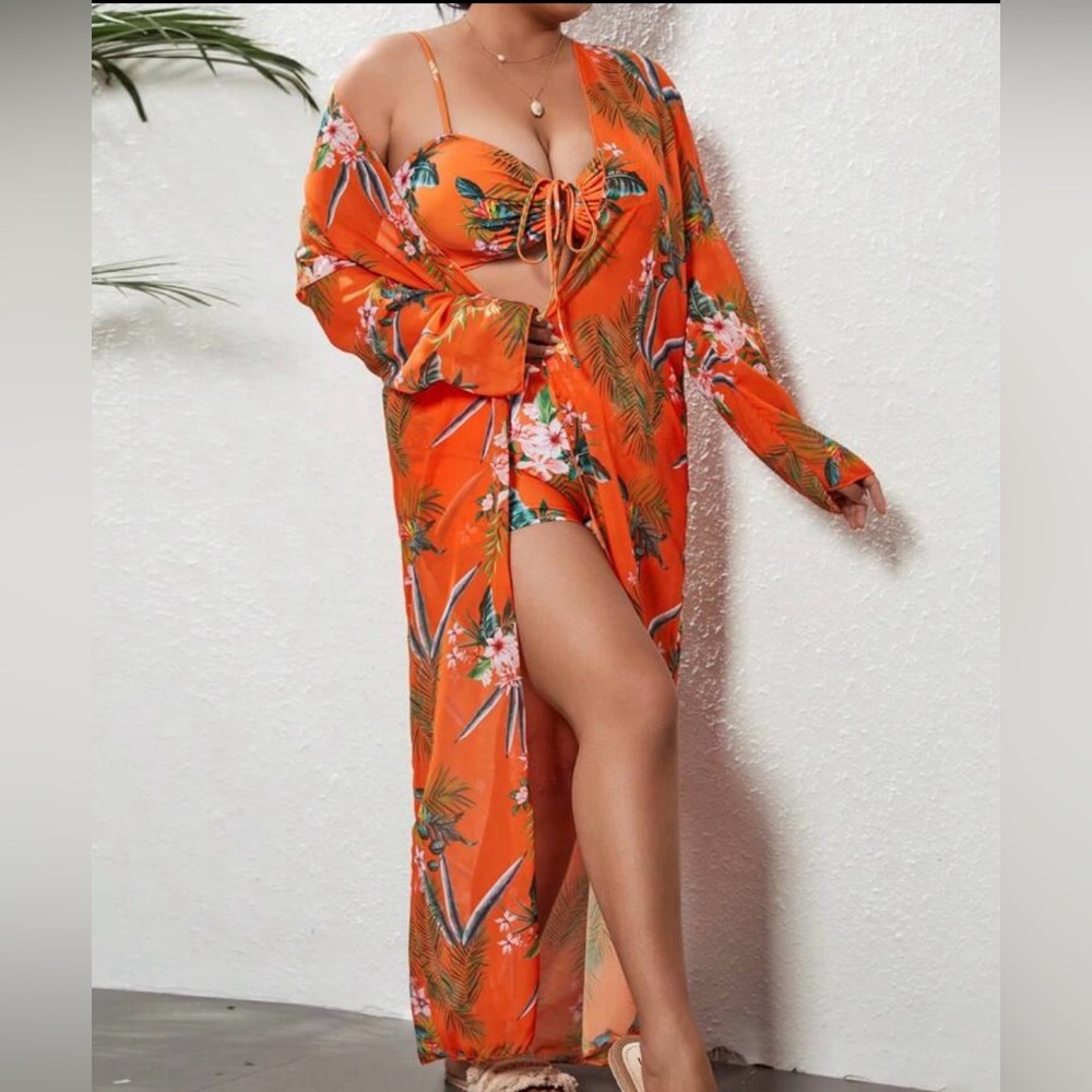 Tropical Orange Floral Swim Set